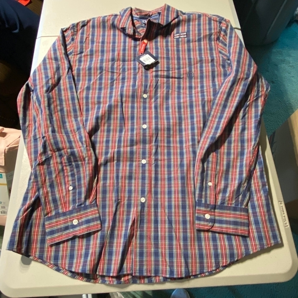 NWT Chaps Winter Plaid Oxford Button Shirt Stretch Easy Care Men's XXL Red Blue